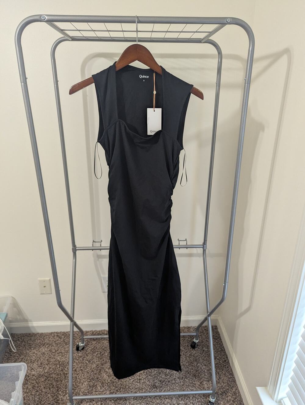 NWT Quince Organic Cotton Jersey Square Neck Ruched Midi Dress Black Size S